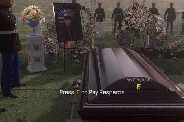 ゲーム『コール オブ デューティ』で、「F」を押してリスペクトを示すよう指示される場面