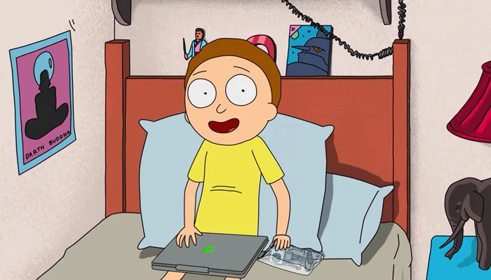 『リック・アンド・モーティ』で、自分の部屋のベッドの上でパソコンを見るモーティ