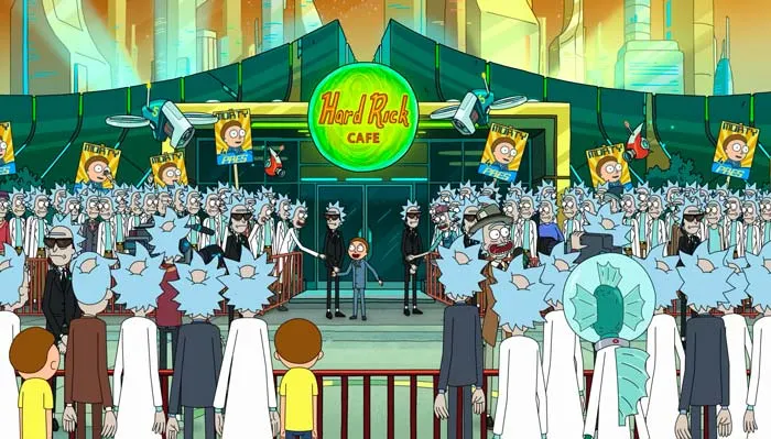 『リック・アンド・モーティ』で、立候補したモーティがハードリックカフェの前で支持者と握手