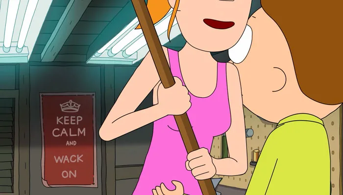 『リック・アンド・モーティ』で、サマーがモップを持ってガレージを出る