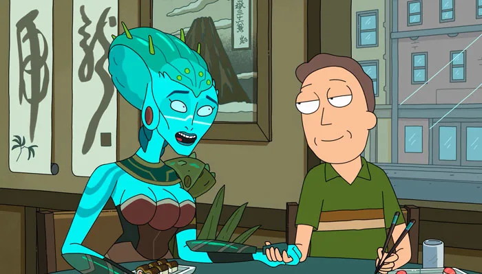 『リック・アンド・モーティ』で、日本料理レストランで食事を楽しむジェリーとキアラ