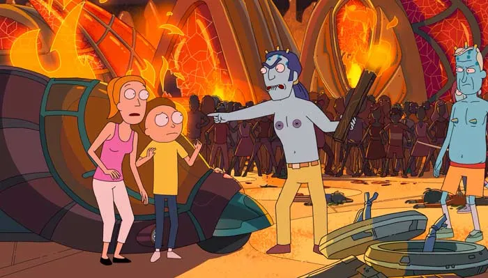 『リック・アンド・モーティ』で、周囲を敵に囲まれるモーティとサマー