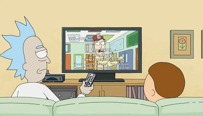 『リック・アンド・モーティ』で、ケーブルテレビを見てるモーティとリック。リックは飽きてチャンネルを替えようとする
