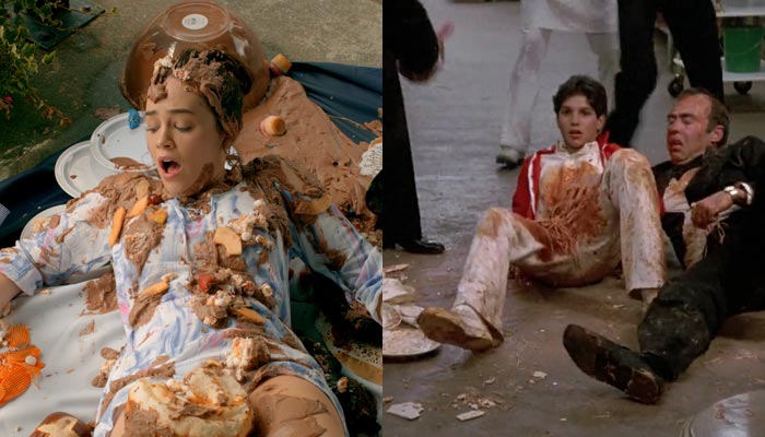 『コブラ会』、『ベスト・キッド』で、転んで料理まみれになる