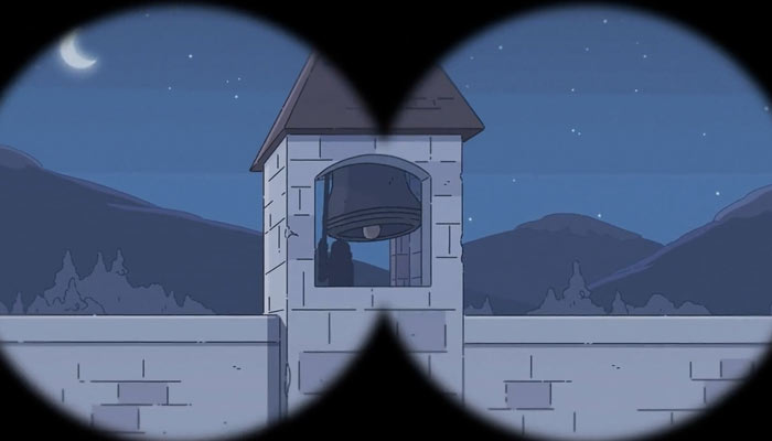 『ヒルダの冒険』で、鐘楼の鐘を鳴らす犯人を探すヒルダ