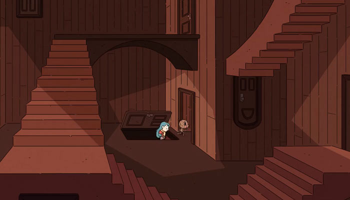 『ヒルダの冒険』で、ヒルダはエッシャー風の家の中を逃げ回る