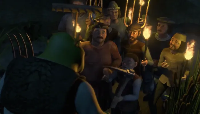 『シュレック』で、村人が「松明と熊手」を持ってシュレックの元に向かう