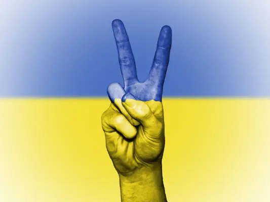 ウクライナの国旗の前でピース（平和）サイン